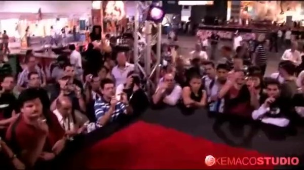 3 porn chicks playing with random guy from the crowd on a stage