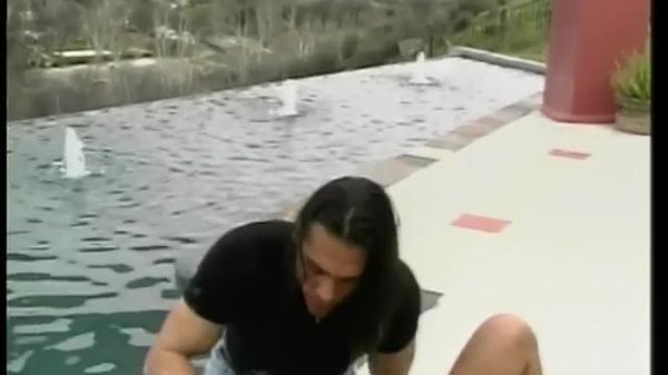 Young Asian and long hair stud are fucking out by the pool